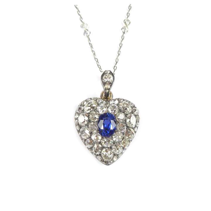 19th century sapphire and diamond heart pendant on a chain necklace